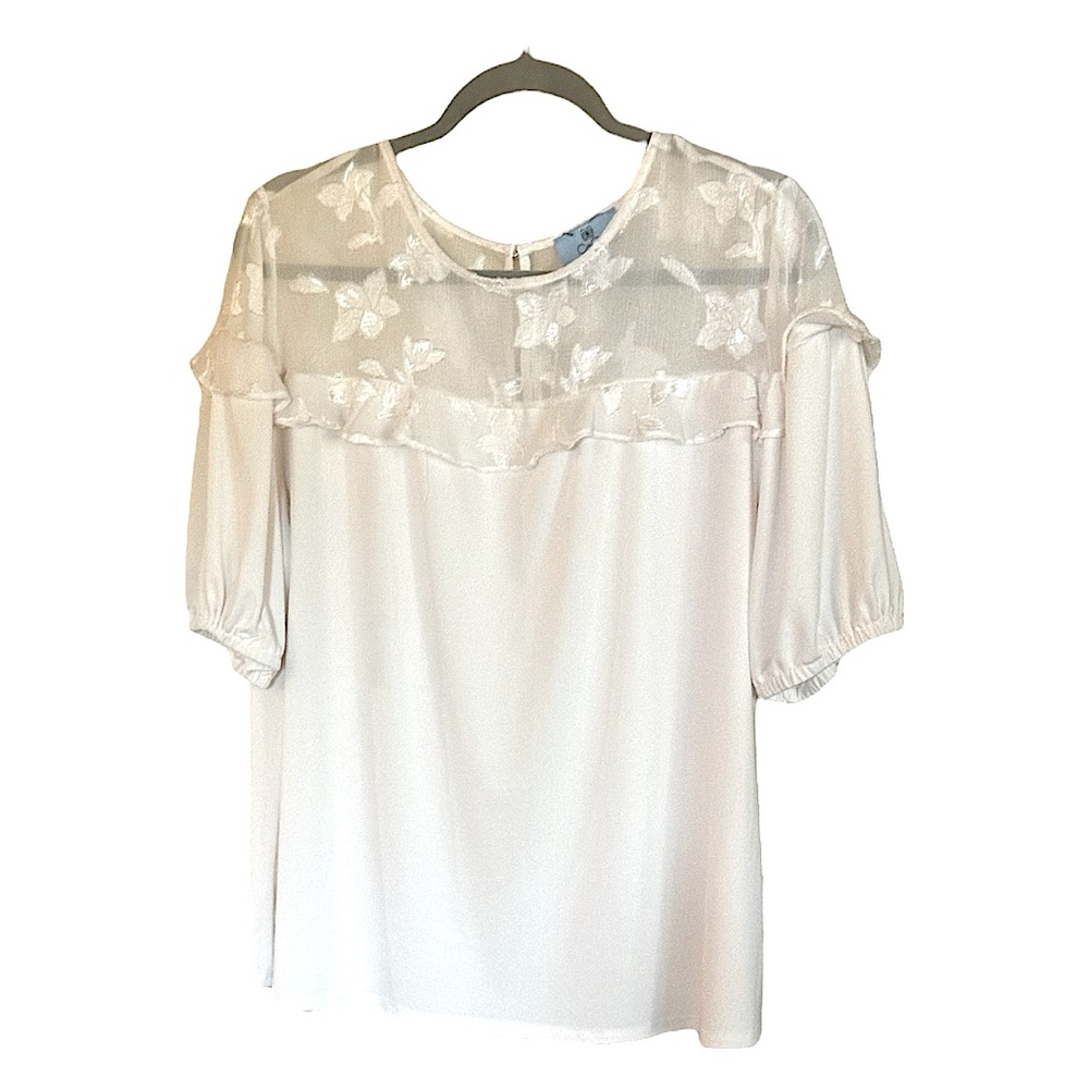 Cece Cream Top with Sheer Lace Neck Yoke